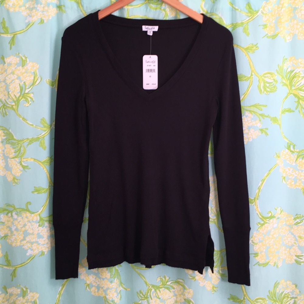 Splendid Long Sleeve Black V-neck Top NWT